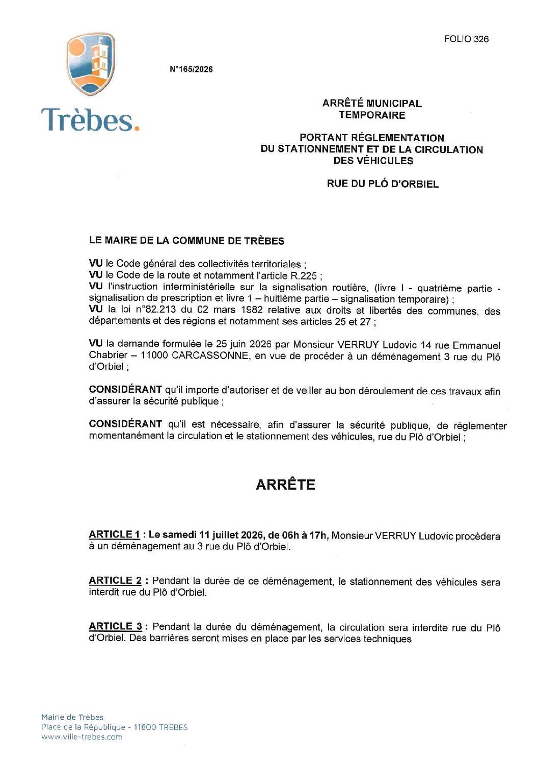 Aperçu du fichier 165.26 Déménagement de M. VERRUY 3 rue du Plö d&rsquo;Orbiel 