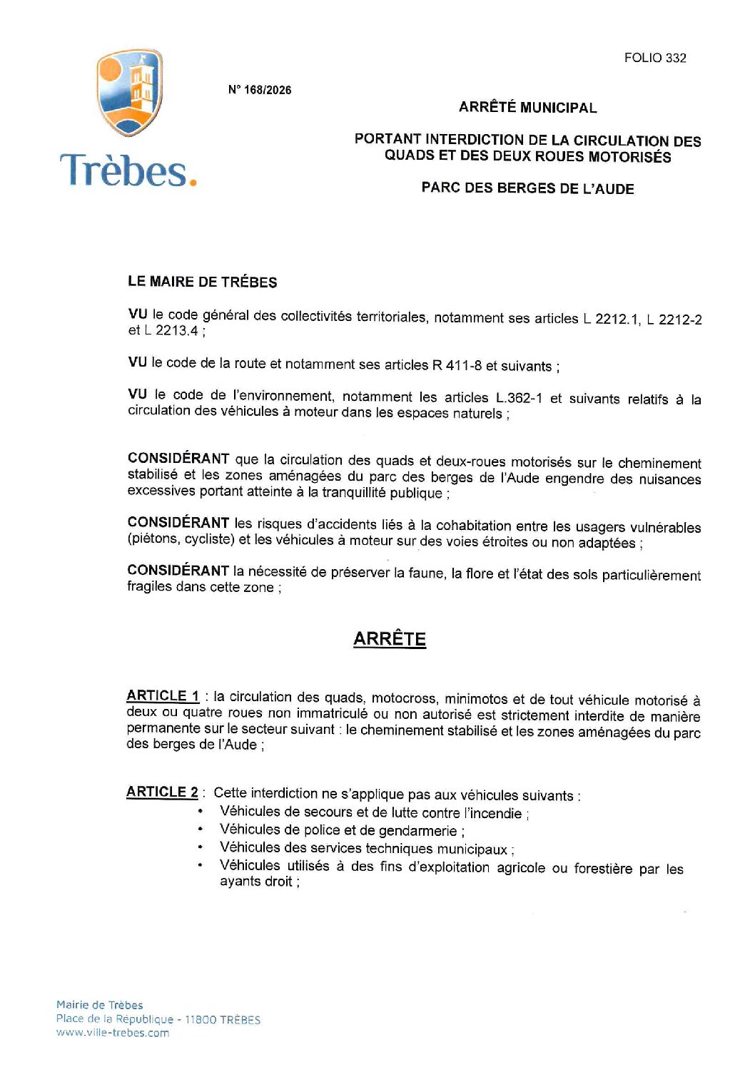 Aperçu du fichier 168.26 Parc des berges de l&rsquo;Aude interdiction de la circulation des quads et des deux roues motorisés 