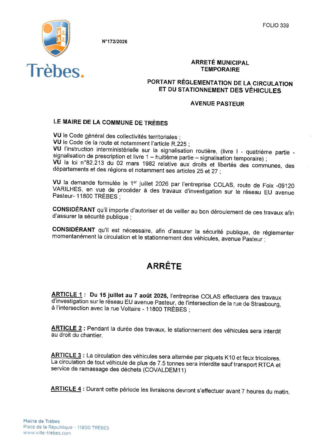 Aperçu du fichier 172.26 COLAS avenue Pasteur travaux d&rsquo;investigation sur le réseau eaux usées 