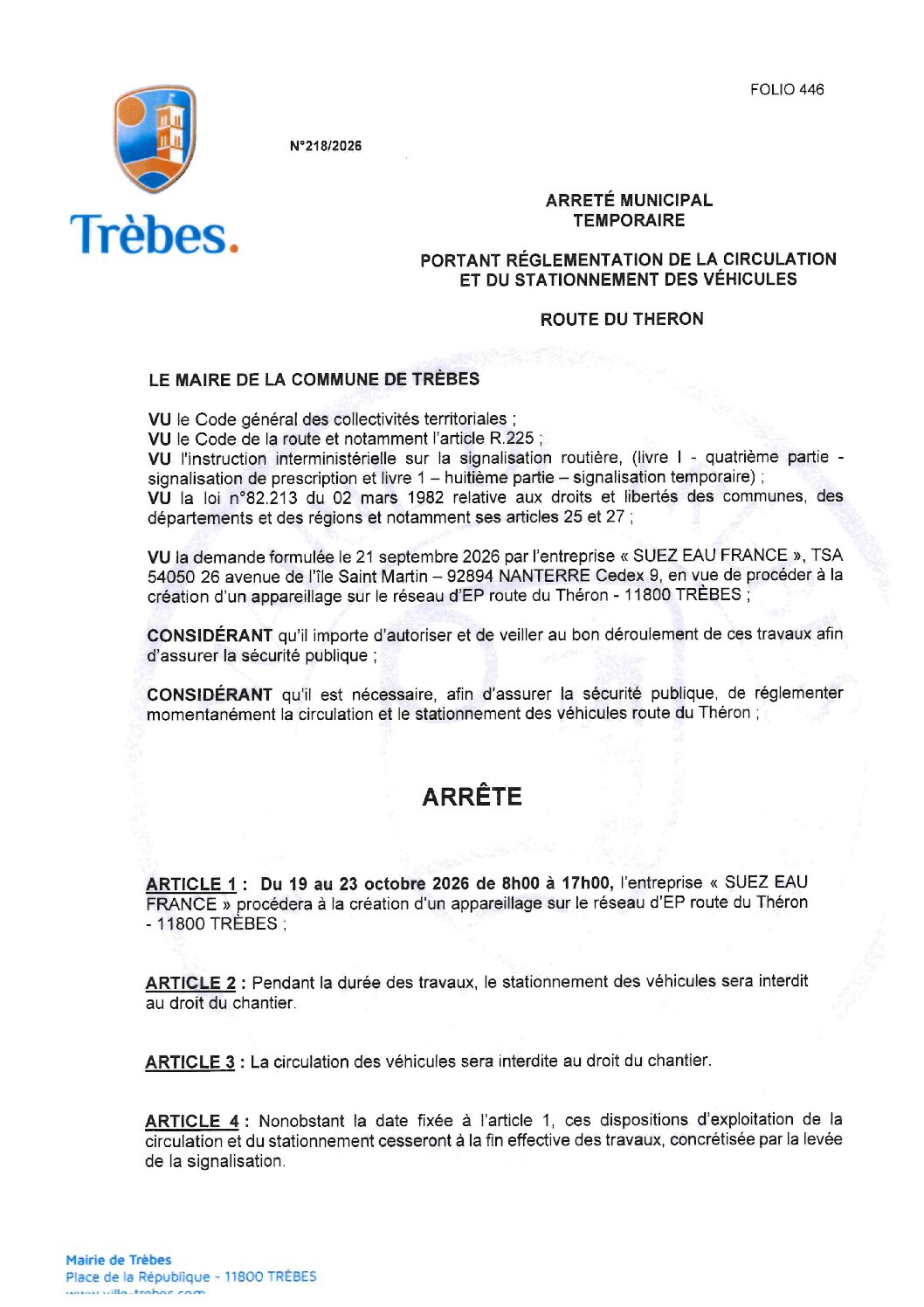 Aperçu du fichier SUEZ EAU FRANCE route du Théron appareillage sur le réseau EP 